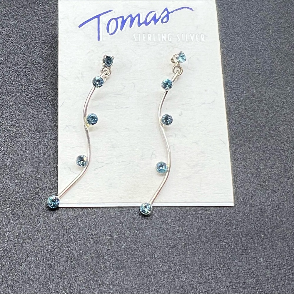 Tomas Sterling Silver Curved Earrings Blue CZ Gems Made in Thailand 1.5”